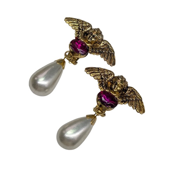 Vintage 80s Earrings Oversize Cherub Angel Clip Statement Faux Pearl Teardrop - Picture 7 of 8